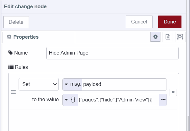 "Screenshot displaying the change node which contains payload to hide admin page"